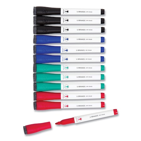 U Brands Medium Point Low-Odor Dry-Erase Markers with Erasers, Assorted, PK12 3980U00-12